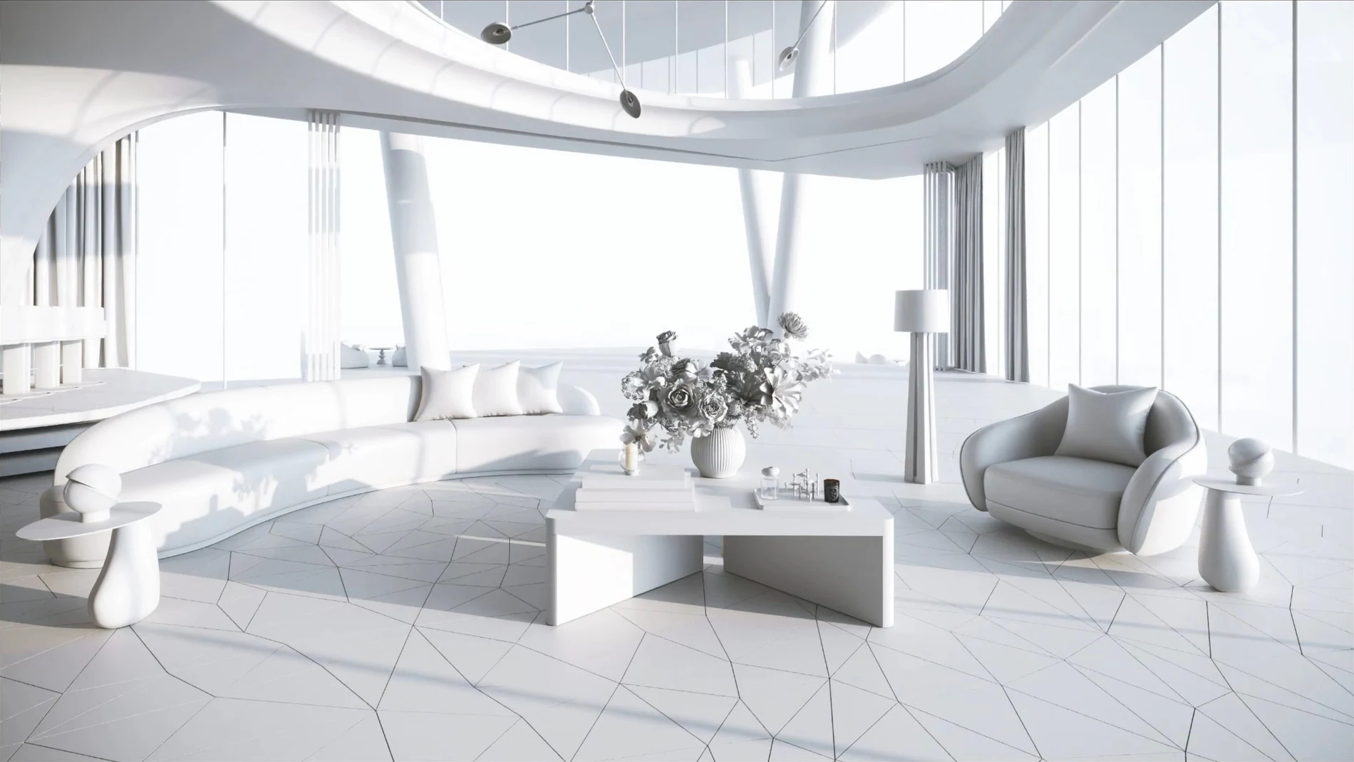 A white curved concept interior with a bouclé armchair and a low table, generated from an untextured model.