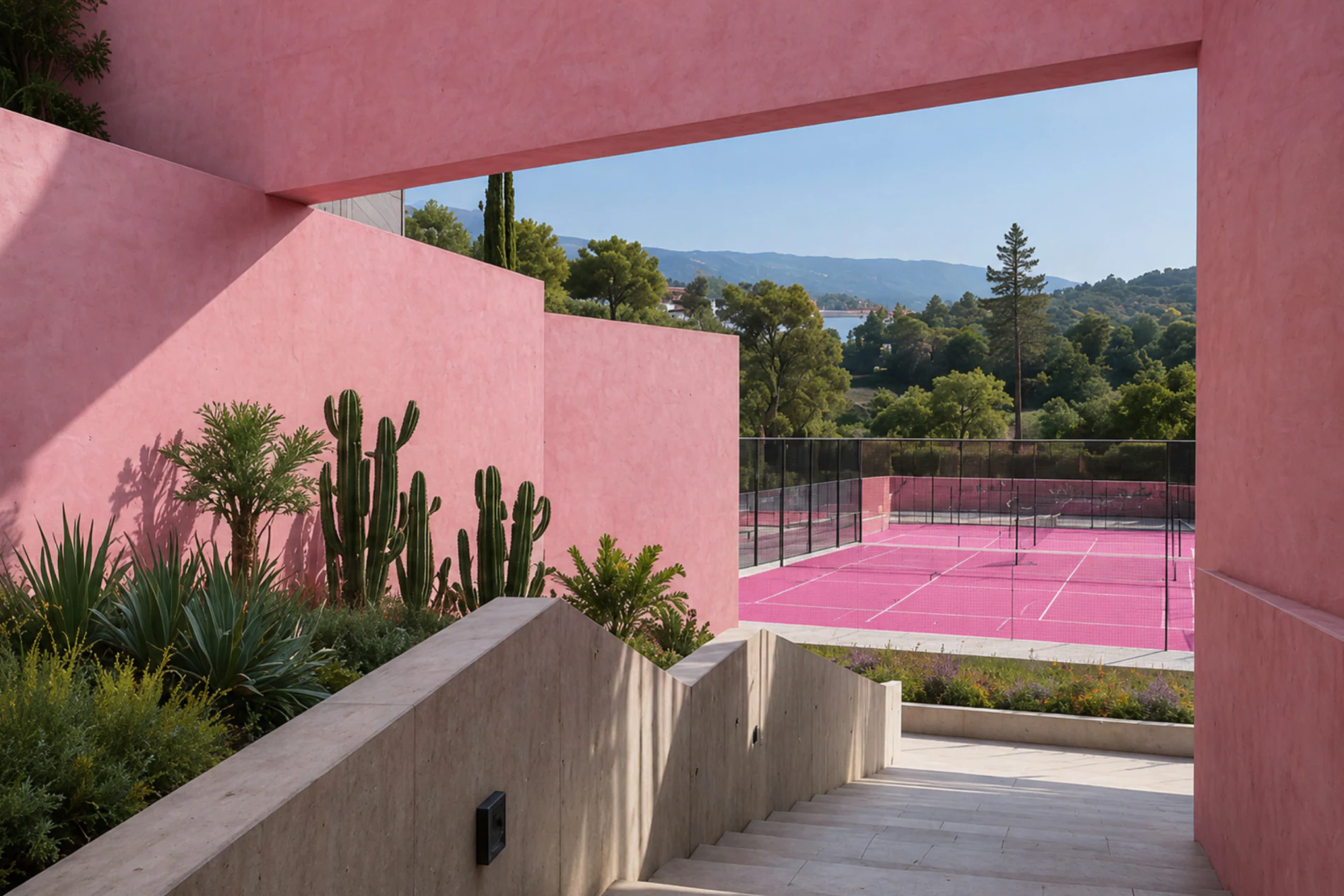 A pink stucco terrace looking out over a pink tennis court and wooded hills.