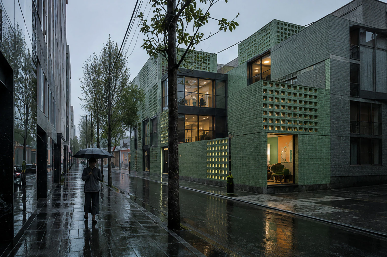 A glazed civic block on a wet street at dusk, its timber interior lit from within.