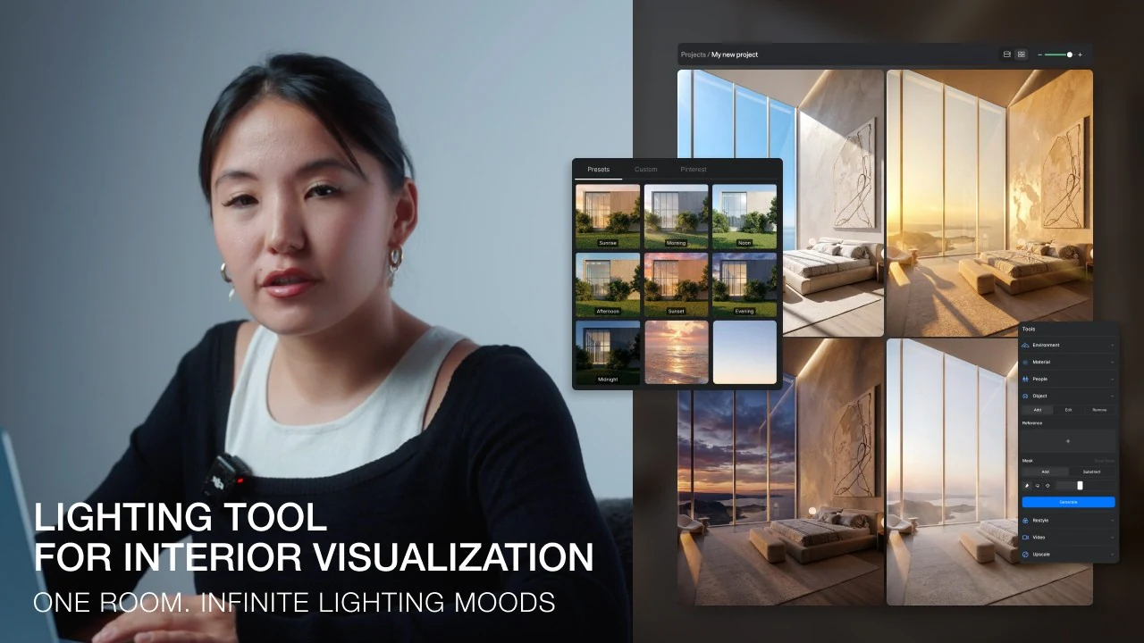 Lighting tool — interior — One room, from bright daylight to a warm evening.