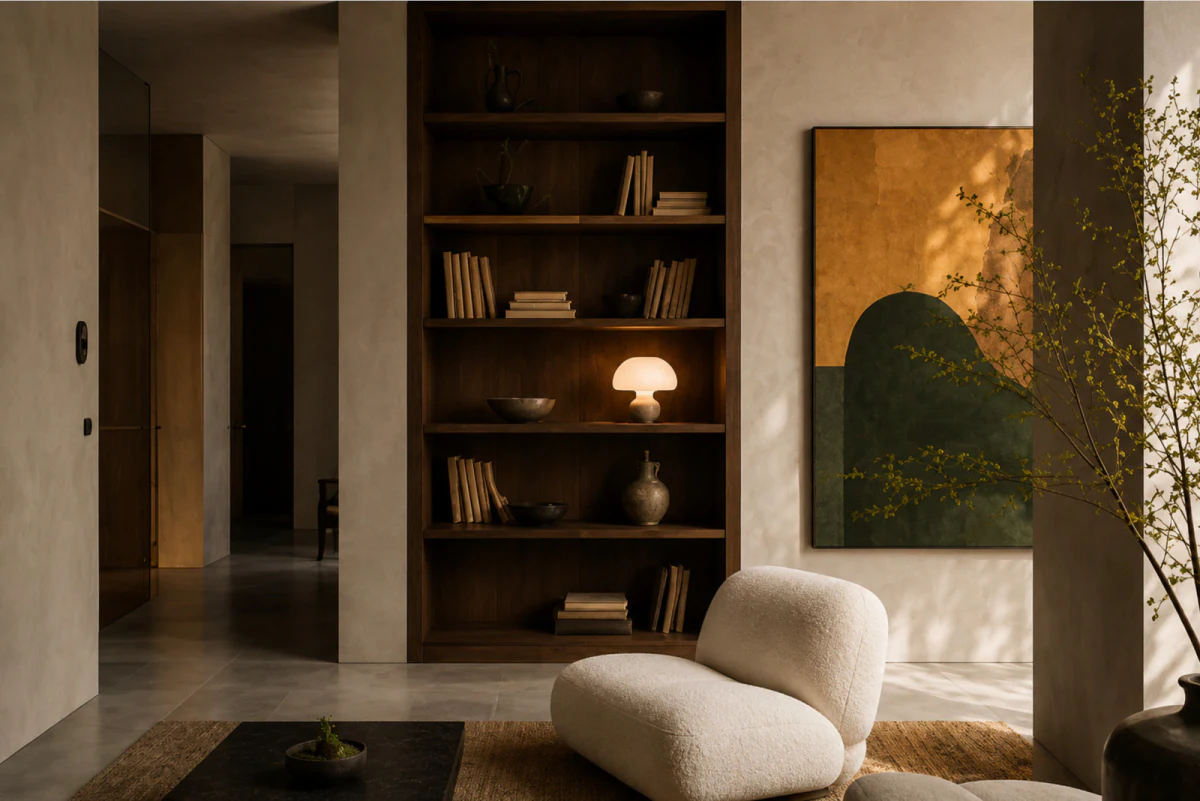 Quiet Shelf — residential interior, rendered on AlphaRender by Yuki Tanaka