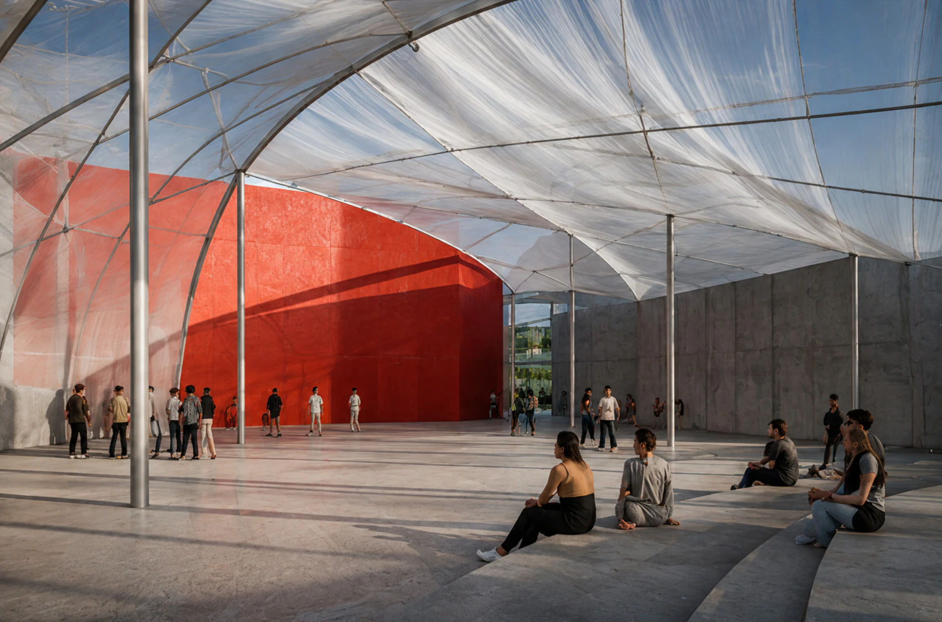 People sitting on concrete steps under a white tensile canopy beside a red wall.
