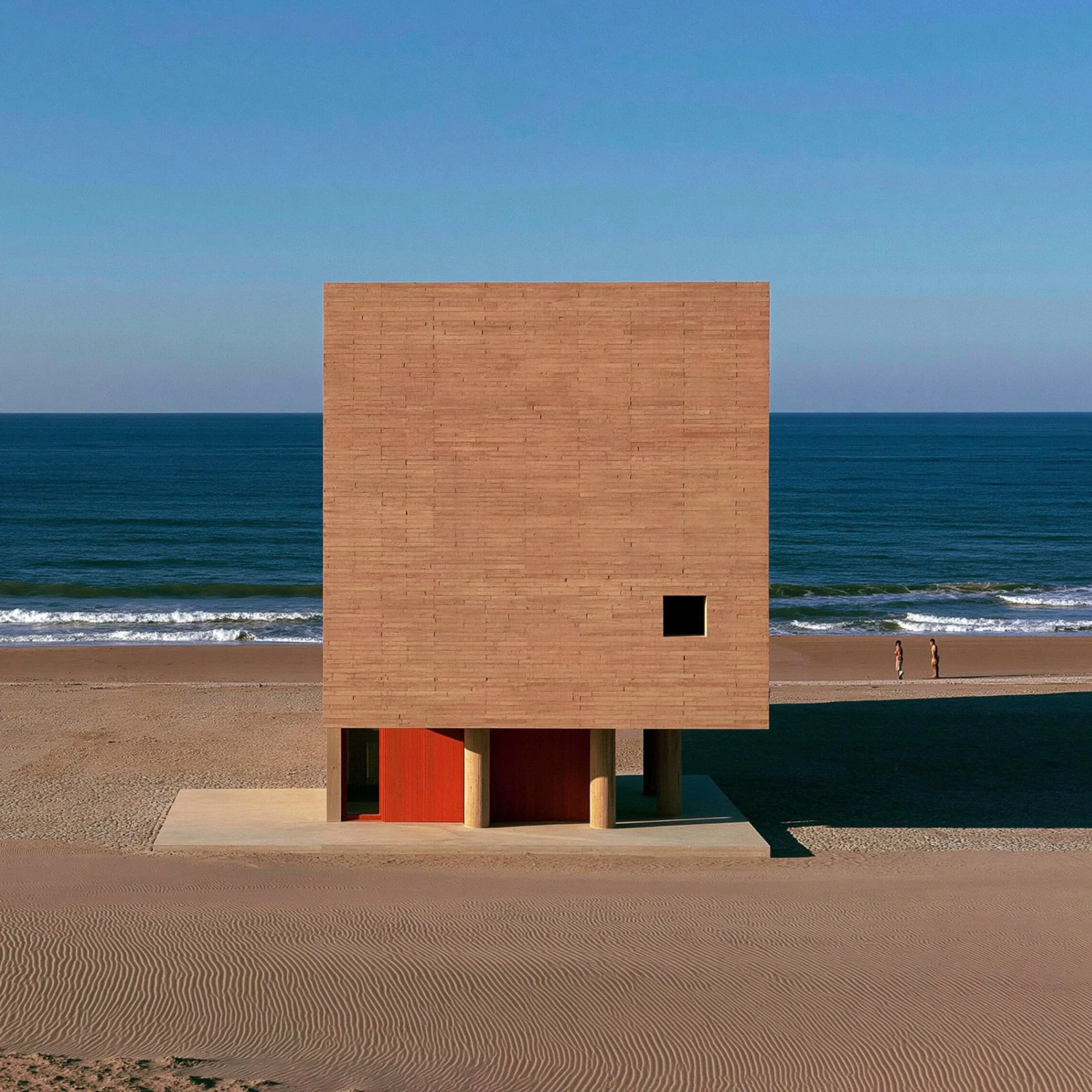 A timber cube on a concrete plinth standing on an empty beach, the sea behind it.