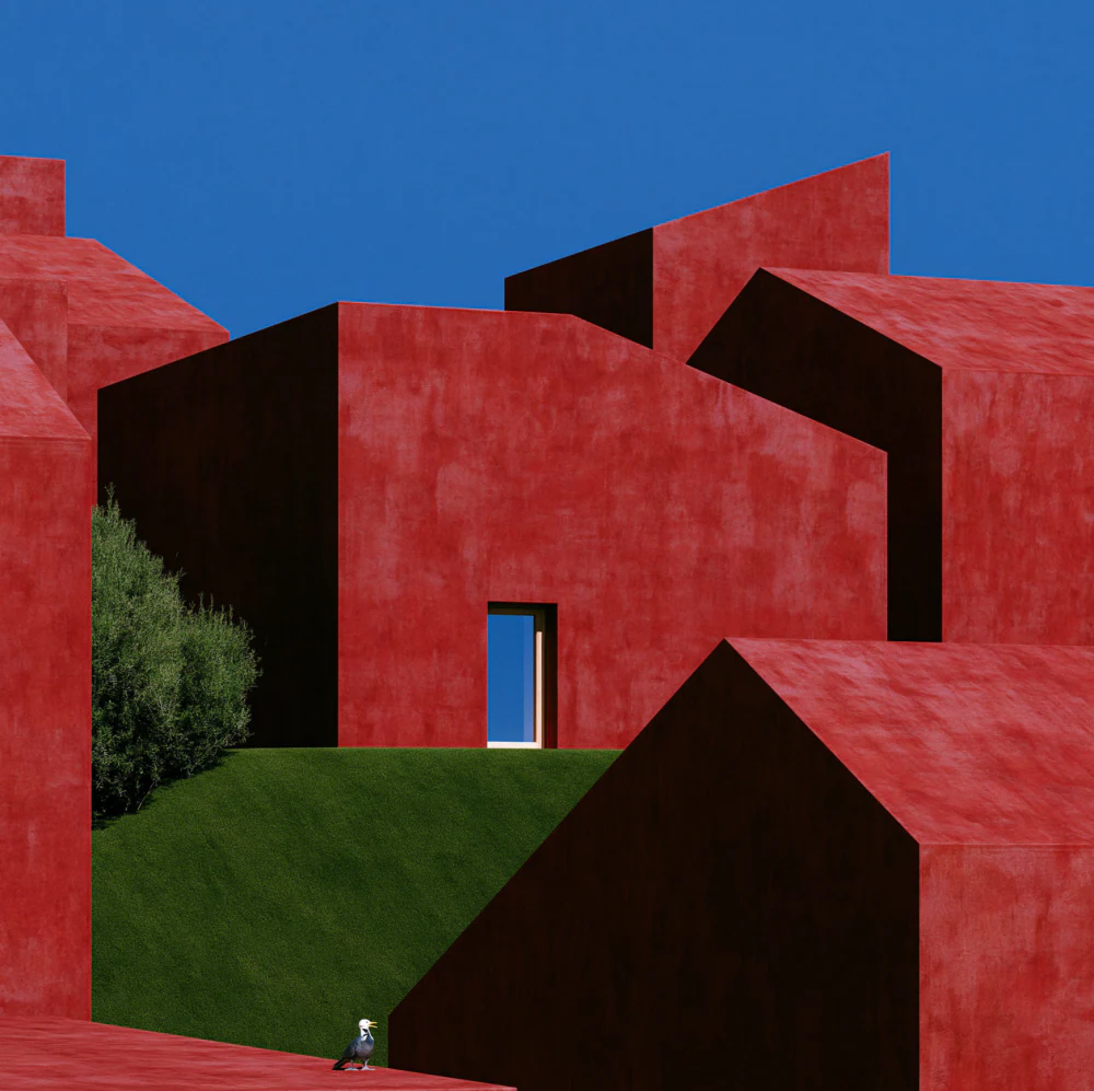 A generated photoreal render of a red concrete house on a green slope.