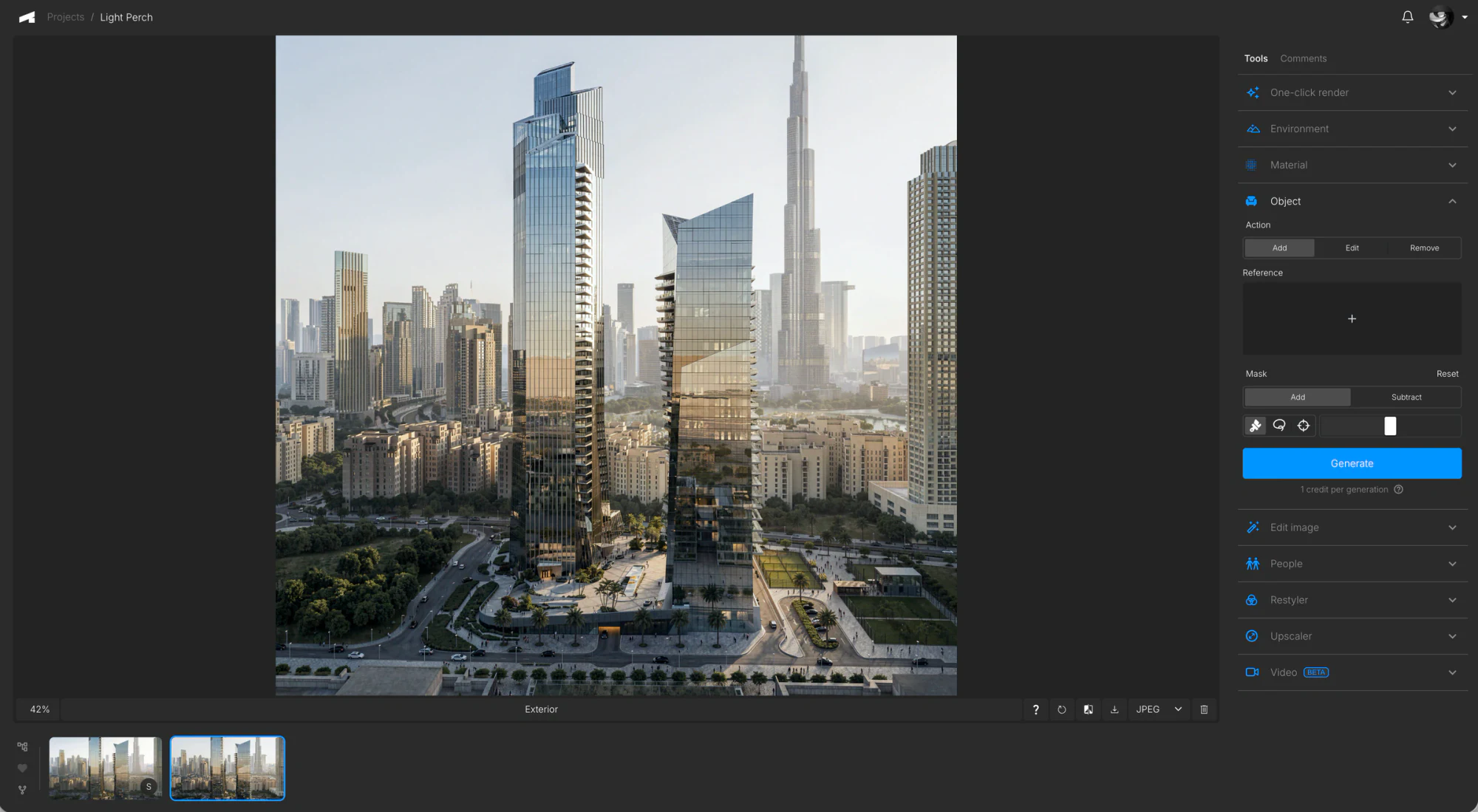The AlphaRender workspace: a project open on the canvas with the tool rail on the right.
